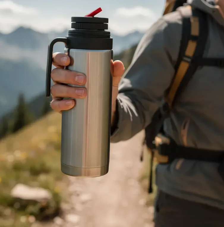 Una persona lleva el termo en una caminata por la montaña