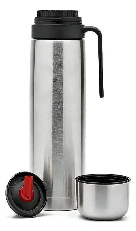 Termo plateado completo con su tapón y tapa